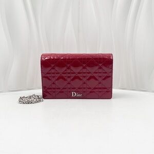 DIOR Lady Dior Chain Wallet Red Patent Leather